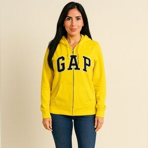 GAP Women's Yellow and Navy Logo Zip Hoodie Size Small